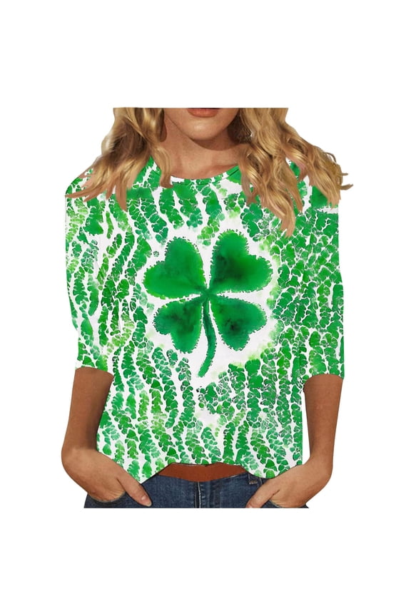 Mardi Gras for Women Shirts Ladies' Casual St. Patrick's Day Printed Round Neck Three Quarter Sleeved T-shirt Loose Top Green L