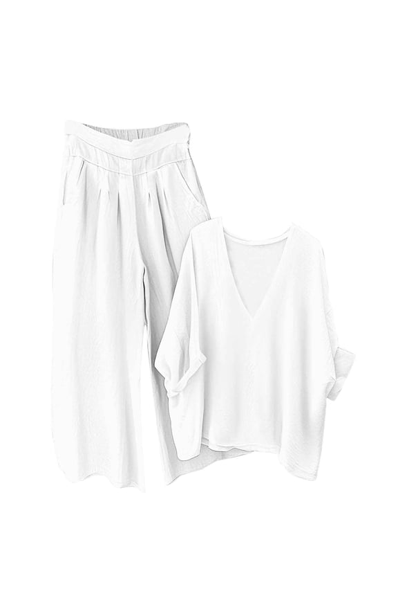 Maternity Outfits Baggy 2 Piece Sets Women's Solid V-Neck Wide Leg Pants Set White S