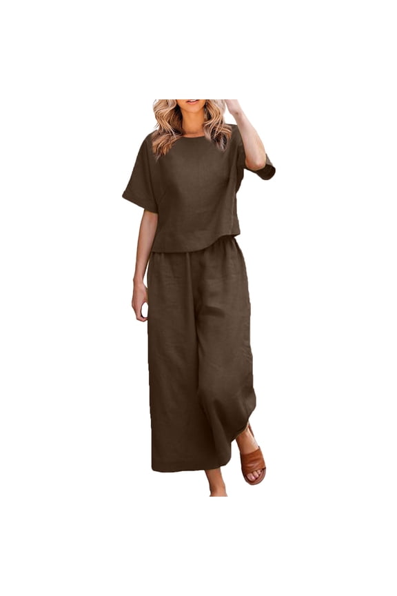 Maternity Outfits House 2 Piece Sets Fashion Women Summer Solid Round-Neck Casual Short SLeeve Top+ Pant Set Coffee S
