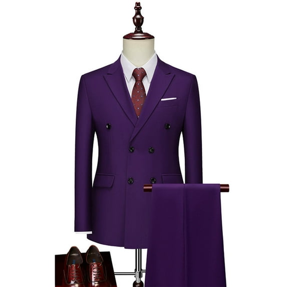 mihongmao Men’S Suit Set Slim Fit Suits 2 Piece Set Men's Double - Breasted Pocket Pants Long Sleeve Lapel Suit Set Multi - Color for Groom Wedding Business formal Wear Purple 5X