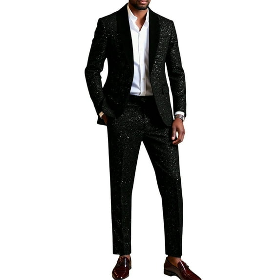 mihongmao Men Suits 2 Piece Set Outfit Men's Glitter formal Dress Stage Breasted Long Sleeved Pants Suit Set Black L