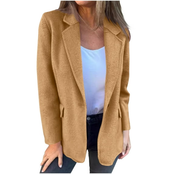 mihongmao New & trending, Winter Coats for Women Women's Winter New Casual Solid Color Woolen Single Button Long Sleeve Fashion Jacket,Womens Tops Plus Size Khaki M