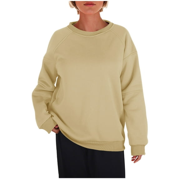 mihongmao Oversized Tshirts for Women Women's Fashion Long Sleeve Round-Neck Pullover Hoodless Fleece Warm Solid Color Tops Sweatshirts,Womens Tops Clearance under $5 Khaki XXL
