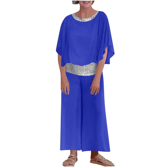mihongmao Plus Size Flowy Outfits Buiness Casual Women'S Spring/Summer Round Neck Loose Short-Sleeved Sequined Broad-Leg Pantsuit Blue M
