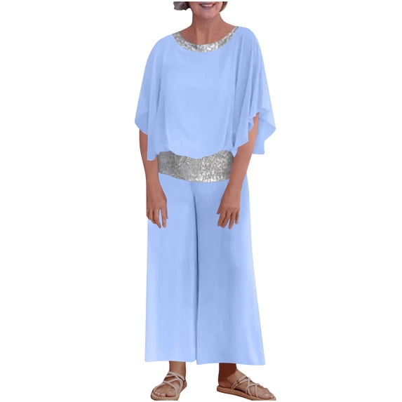 mihongmao Plus Size Flowy Outfits Buiness Casual Women'S Spring/Summer Round Neck Loose Short-Sleeved Sequined Broad-Leg Pantsuit Sky Blue 3X