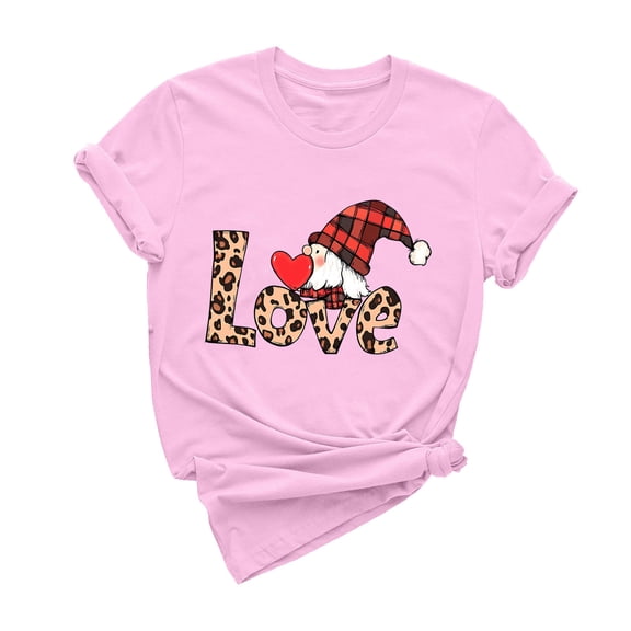 mihongmao Plus Size Valentine Shirts for Women Casual Round Neck Short-sleeved Christmas Tree Printed T-shirt Pink XL