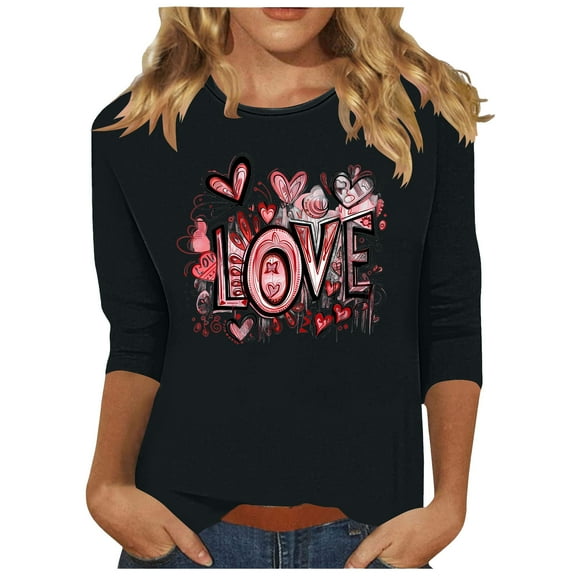 mihongmao Plus Size Valentine Shirts for Women Crew Neck Women's Valentine's Day Printed Casual Crew Neck 3/4 Sleeve Black L