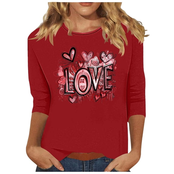 mihongmao Plus Size Valentine Shirts for Women Crew Neck Women's Valentine's Day Printed Casual Crew Neck 3/4 Sleeve Red 2X