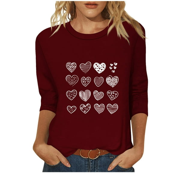 mihongmao Plus Size Valentine Shirts for Women Fashion Printed T-shirt 3/4 Sleeves Blouse Round Neck Casual Wine S