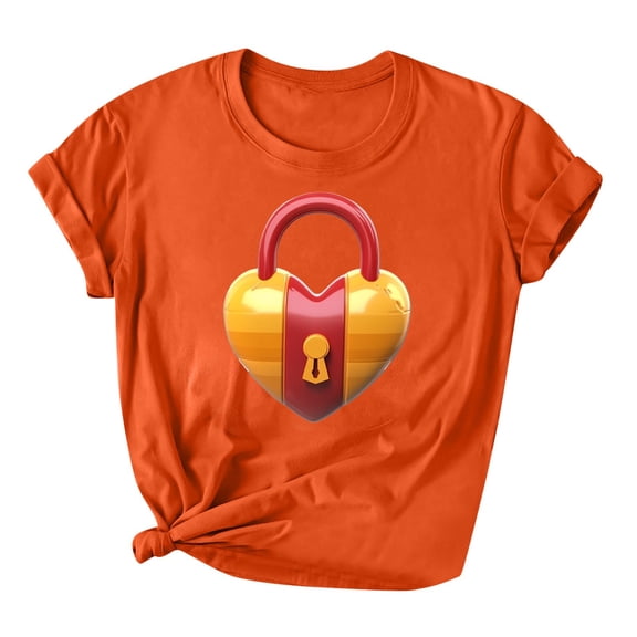 mihongmao Plus Size Valentine Shirts for Women Lover Printed T-shirt Round Neck Short Sleeved Orange 3X