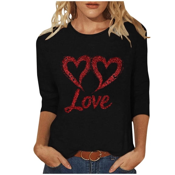 mihongmao Plus Size Valentine Shirts for Women Valentine's Printed Crew Neck 3/4 Sleeve T-shirt Loose Black S