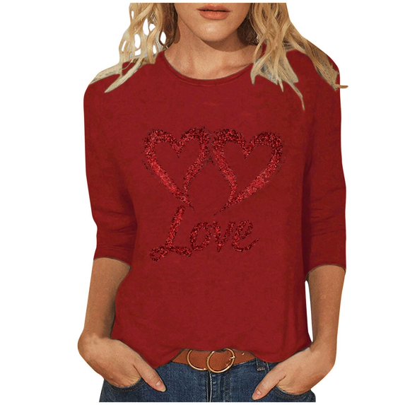 mihongmao Plus Size Valentine Shirts for Women Valentine's Printed Crew Neck 3/4 Sleeve T-shirt Loose Red 2X