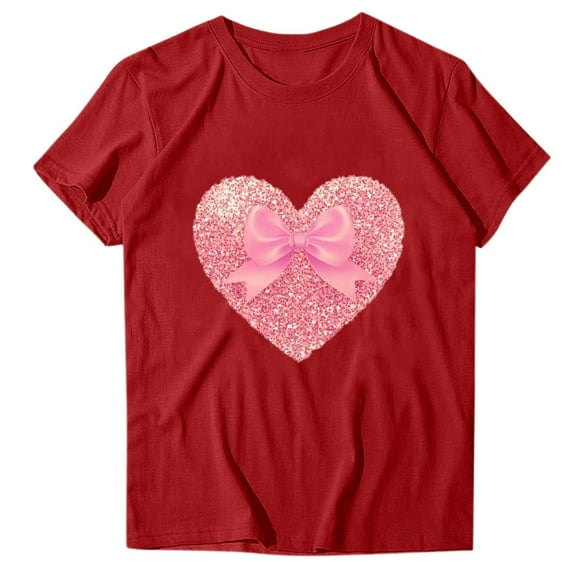 mihongmao Plus Size Valentine Shirts for Womens Printed Round Neck Short Sleeved Tshirt Red S