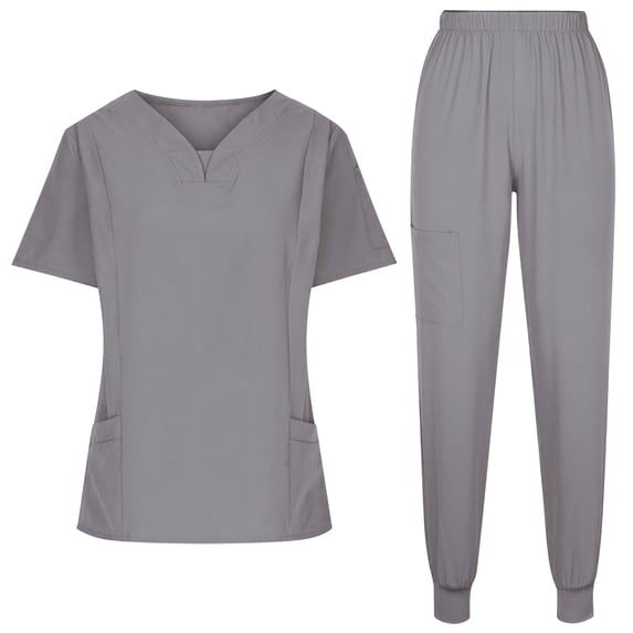 mihongmao Plus Size Women's Scrubs Cozy Fit 4 Way Stretch Cotton Wide Leg Medical Uniform Set Short Sleeve Nurse Workwear Separate Set Suit with Pocket Gray 2X
