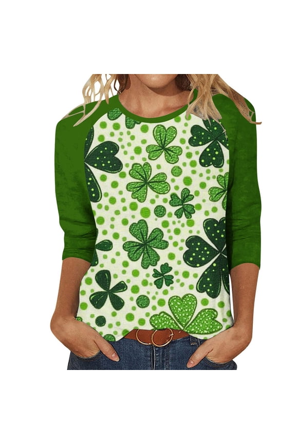Saint Patrick's Womens Long Sleeve Tops Women's Crew Neck 3/4 Sleeve Raglan Sleeve St. Patrick's Day Loose T-Shirt Green 5X