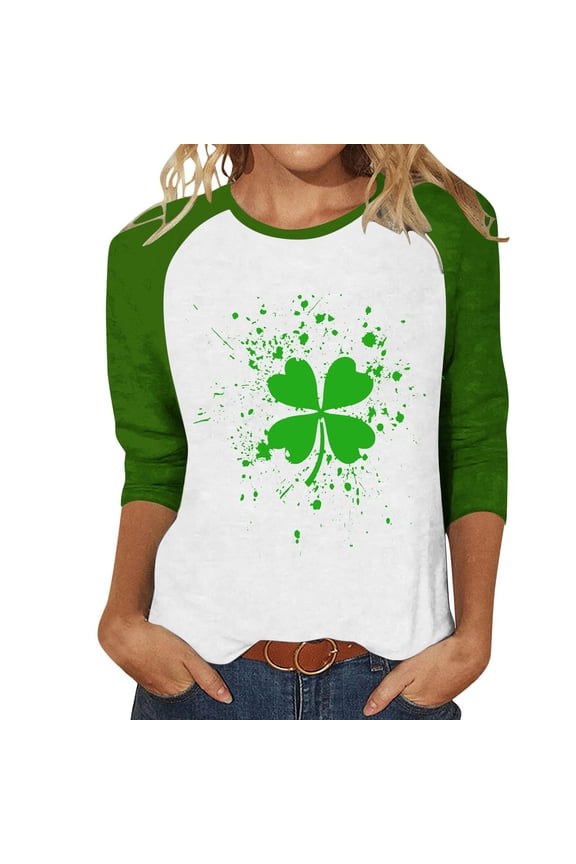 Saint Patrick's Womens Spring Tops Women's Crew Neck 3/4 Sleeve Raglan Sleeve St. Patrick's Day Loose T-Shirt Green 5X