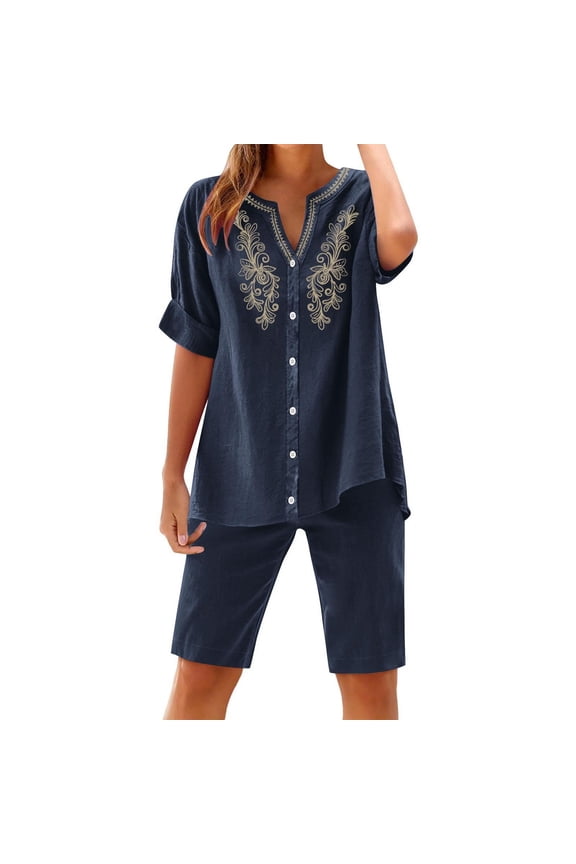 Satin Pajamas 2 Piece Sets Travel Outfit Women Y2k Outfits Capri and Shirts Sets for Women Casual Short Sleeve Round Neck Summer Loose Tee Shirts Blouse Navy XL