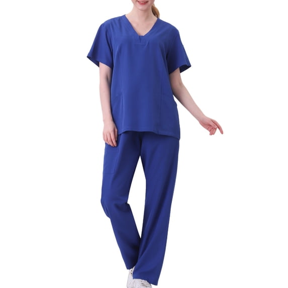 mihongmao Scrubs Sets Medical Uniform Stretch V-Neck Top Straight-Leg Pants Women's Polyester/Cotton Hand Wash Gowns Short Sleeve Nurse's Workwear Separate Set Blue XL