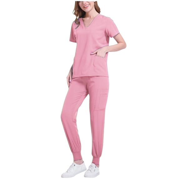 mihongmao Scrubs for Women Wide Leg Stretch Nursing Medical Outfit Loose Ankle Pants Caregiver Short Sleeve V-Neck Blouses Nursing Uniform Set Pink 2X