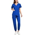 thumbnail image 1 of mihongmao Scrubs for Women 4-Way Stretch Nursing Outfit Loose Pants Pocket Caregiver Short Sleeve V-Neck Blouses Nursing Uniform Set Blue 2X, 1 of 6