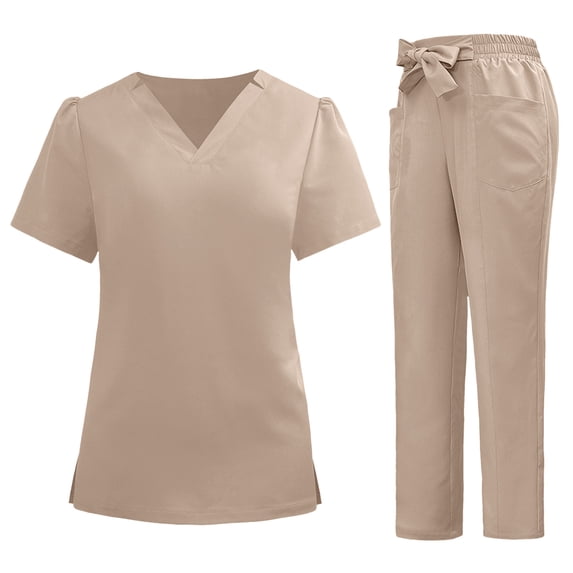 mihongmao Scrubs for Women Nursing Short Sleeve Nurse Work with Pockets Khaki S