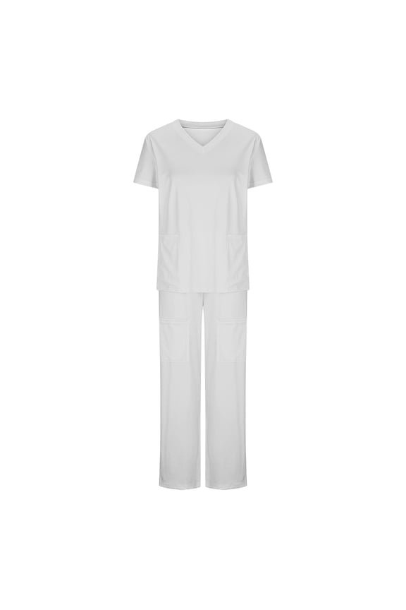 Scrubs for Women Set Jogger Fall and Summer Ladies Short Sleeve V-Neck T Shirts Top and Long Pants Working Set Suit White L
