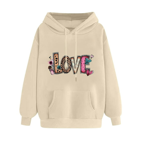 mihongmao Sequin Graphic Valentine Hoodie Ladies' Valentine's Day Printed Long Sleeved Hooded Sweatshirt One Size Larger Beige XL