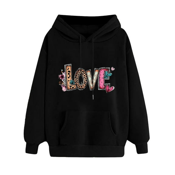 mihongmao Sequin Graphic Valentine Hoodie Ladies' Valentine's Day Printed Long Sleeved Hooded Sweatshirt One Size Larger Black S