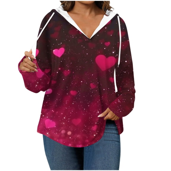 mihongmao Sequin Graphic Valentine Hoodie Women's Fashion Printed T-shirt Hooded Long Sleeved Off Shoulder Shirt Multicolor S
