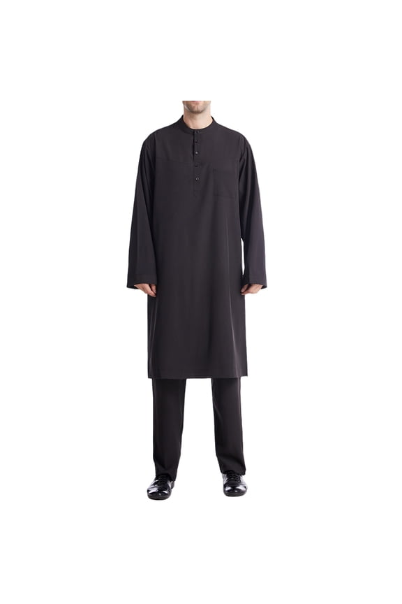 Spring Outfits for Men Muslim Robe Arab Robe Long Style Long Sleeve Round Collar Button Pockets Long Shirt Fashion Casual Robe Sets Black XL