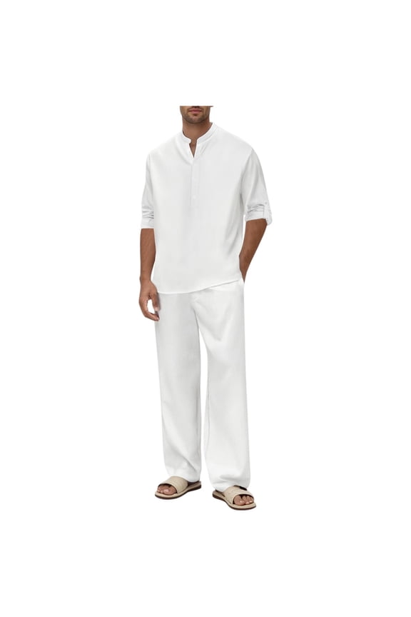 Spring Outfits for Men 2026 Men's Solid Color Long Sleeved Pants Set Fashionable and Casual Stand Up Collar Shirt Set White M