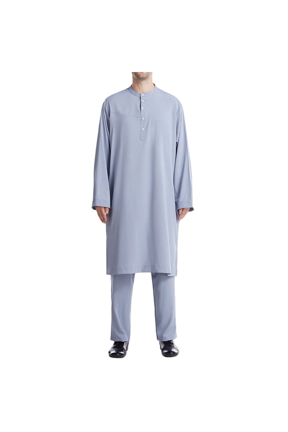 Spring Outfits for Men Muslim Robe Arab Robe Long Style Long Sleeve Round Collar Button Pockets Long Shirt Fashion Casual Robe Sets Navy L