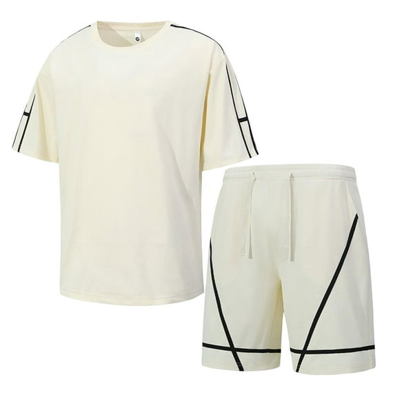 mihongmao Spring Outfits for Men Solid-Color Casual Loose Sports Pocket Elastic-Waist Shorts Short Sleeve Round-Neck Blouses Top Set White 4X