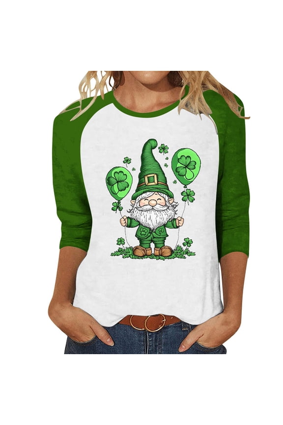 St Patricks Day Long Sleeve Tops for Women Crew Neck 3/4 Sleeve Raglan Sleeve St. Patrick's Day Loose T-Shirt Green 5X