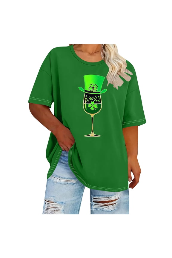 St Patricks Day Shirt Women Tops Women's St. Patrick's Day Print Plus Size Round Neck Short Sleeve Spring/Summer Base Layer T-Shirt Green 5X