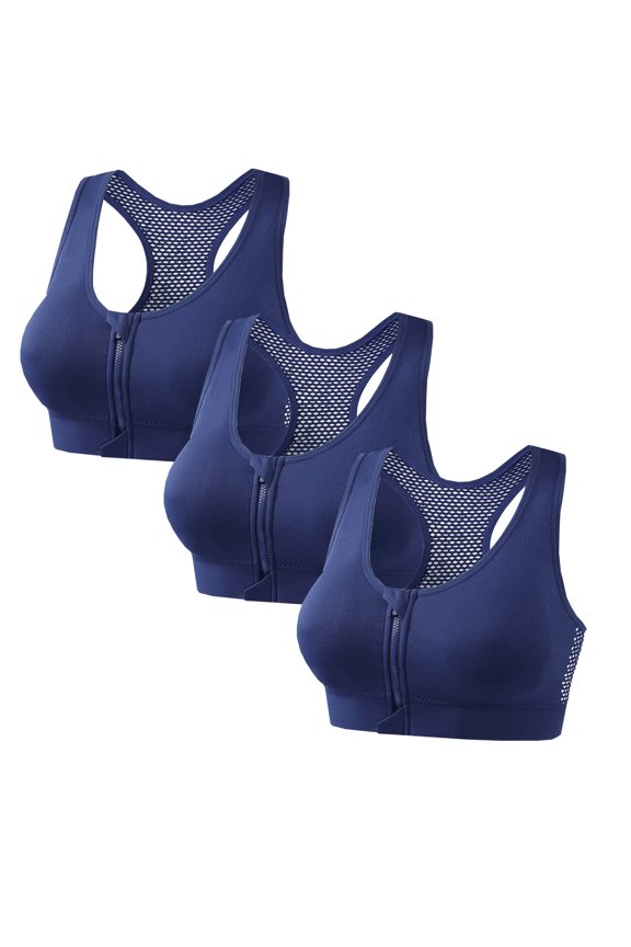 Strapless Bra Breast Feeding Bras 3PCWomen's Solid Color Underwire Front Zipper Back Gathered Sports Bra Blue XL