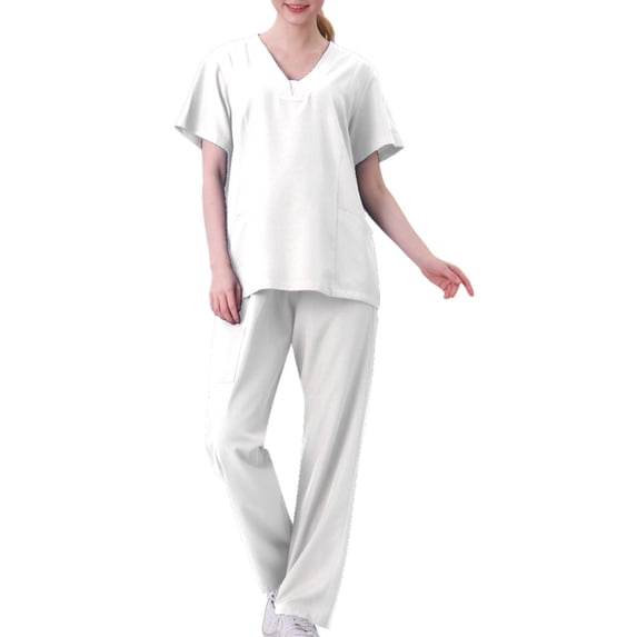 mihongmao Stretch Scrub Sets for Women Cozy Fit Cotton Gowns Short Sleeve Nurse Workwear Separate Set White M