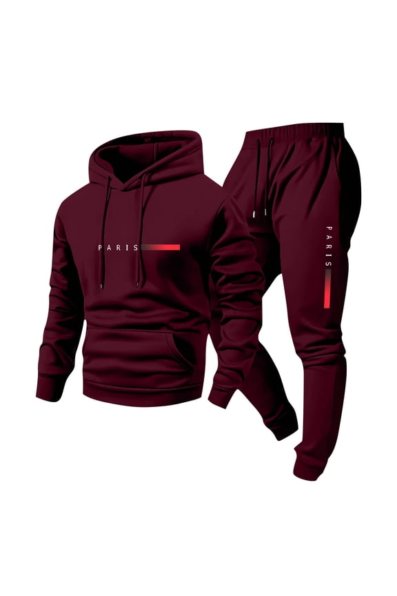 Summer 2 Piece Lounge Set Men Airport Travel Outfit Men Casual Pullover Hooded Sports Print Long Sleeve Trousers Two-Piece Elastic Waist Tracksuit Wine 2X