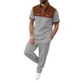 thumbnail image 1 of mihongmao Summer 2 Piece Lounge Set Men Jogger Sets Henley Shirts Men's Color Blocked Short Sleeved Stand Up Collar Zipper Pocket T-shirt Straight Leg Pants Set Gray 3X, 1 of 5