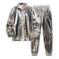 thumbnail image 1 of mihongmao Summer 2 Piece Lounge Set Men Jogger Sets Solid Color Men's Shiny Performance Suit Loose Performance Long Pants Long Sleeved Stand Up Collar Top/shirt Set Silver L, 1 of 6
