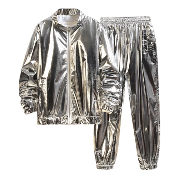 mihongmao Summer 2 Piece Lounge Set Men Jogger Sets Solid Color Men's Shiny Performance Suit Loose Performance Long Pants Long Sleeved Stand Up Collar Top/shirt Set Silver L