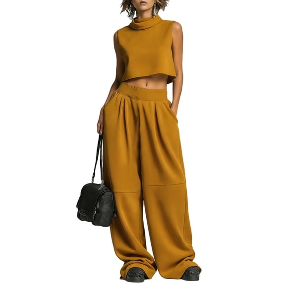 mihongmao Summer 2 Piece Sets For Women Dressy Club Outfits Women Turtleneck Sleeveless Crop Top 2 Piece Outfit Casual Loose Wide Leg Sweatpants Set With Pockets Yellow S