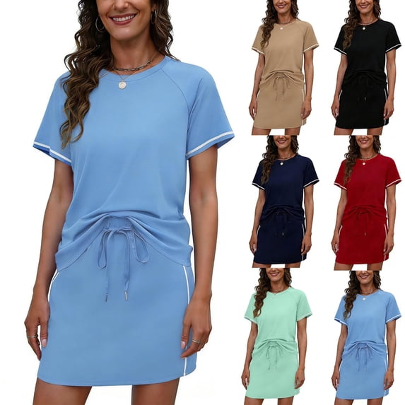 mihongmao Summer 2 Piece Short Skirt Sets Workout Outfits Tennis Outfits Cap Sleeve Beach Sweatsuits Lapel Shirt Short Sleeve Top and Bandage Short Skirt Sets Blue XL