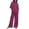 thumbnail image 1 of mihongmao Summer Jogger Sets for Women 2 Piece Vacation Outfits Women's Summer Suit Fashion Short Sleeve Solid Color Trousers Casual Two-Piece Suit Purple L, 1 of 5