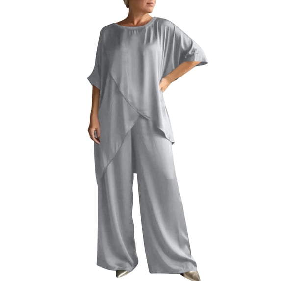 mihongmao Summer Lounge Sets For Women Travel Outfits Women's Solid Color Two-piece Set With Round Neck And Loose Casual Irregular Hem Gray 3X