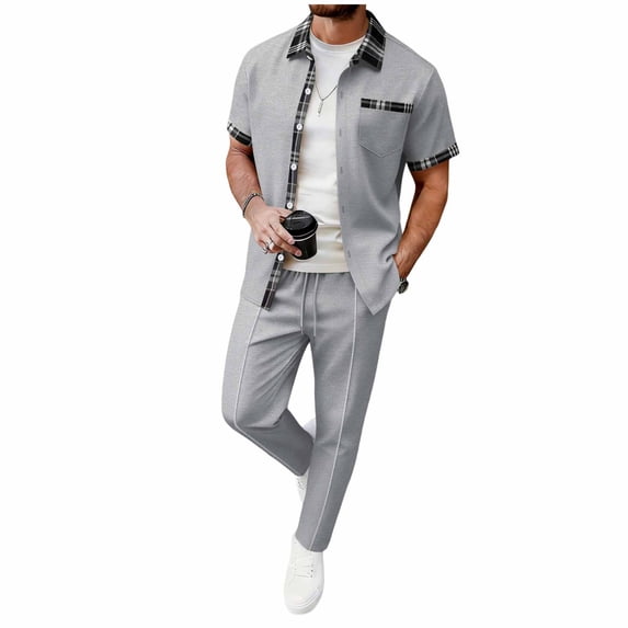 mihongmao Summer Lounge Sets for Men Vacation Outfits Men Solid-Color Casual Loose Sports Elastic-Waist Long Pants Pocket Lapel Button Top Set Gray M
