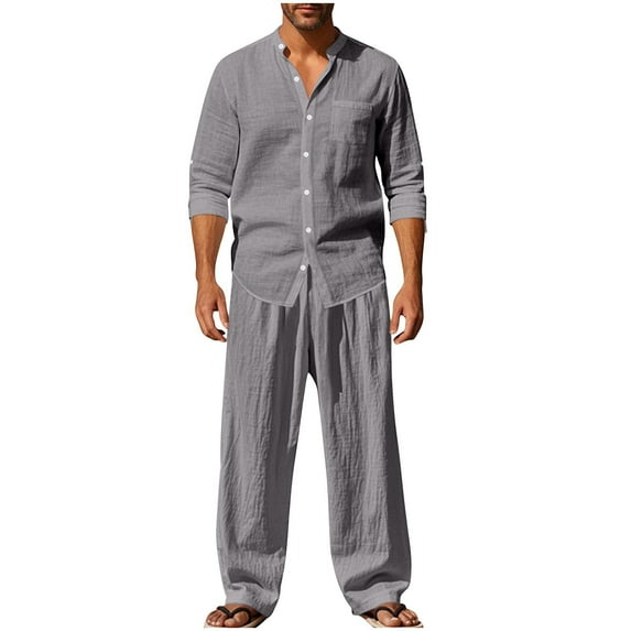 mihongmao Summer Lounge Sets for Men Workout Men Fashion Casual Solid Long Sleeve Turndown Collar Blouses Suit Set Gray S