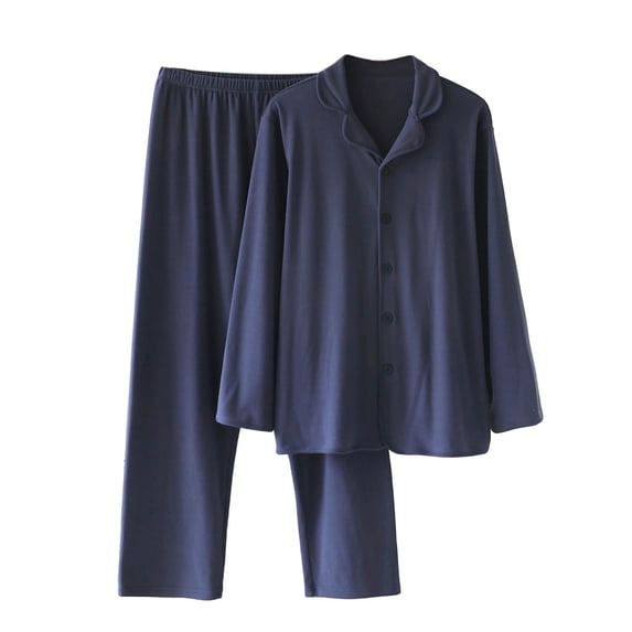 mihongmao Summer Lounge for Mens 2 Piece Plus Size Pajamas Men Solid Color Lapels Long-sleeved Button Pants Warm Home Clothes Pajamas Set Navy 2X