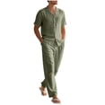 thumbnail image 1 of mihongmao Summer Mens 2 Piece Outfits Workout Man Style Solid Color Casual Fashion Flip Collar Short Sleeve Linen Shirt Drawstring Waist Long Pants Beach Sets Army Green L, 1 of 5