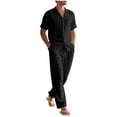 thumbnail image 1 of mihongmao Summer Mens 2 Piece Outfits Workout Man Style Solid Color Casual Fashion Flip Collar Short Sleeve Linen Shirt Drawstring Waist Long Pants Beach Sets Black M, 1 of 5